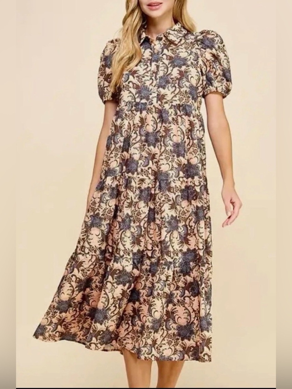 NWOT TCEC boutique Tiered Midi Floral Puff Sleeve Collared Dress Size M